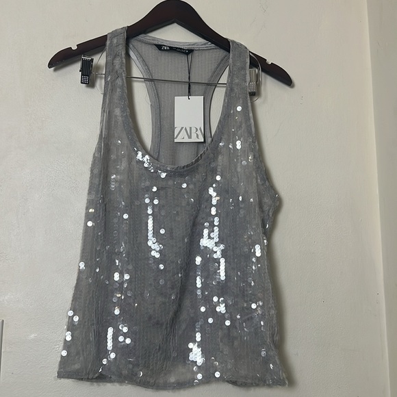 Zara Clear Plastic Sequins Tank Top Gray Sz L NWT - Picture 6 of 16